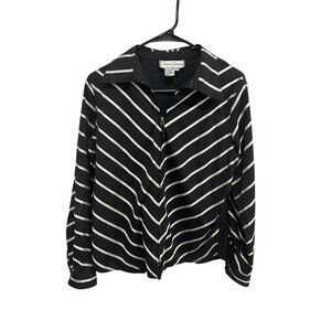 Diane Gilman Shirt Black White Striped Zip Up Collared Size S Quiet Luxury Retro